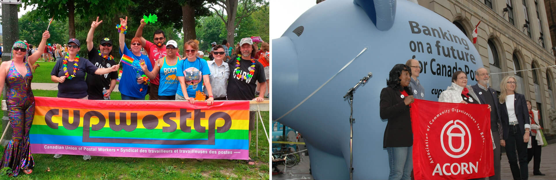 CUPW members campaigning for Pride, Parental Leave for RSMCs, and against postal service cuts.