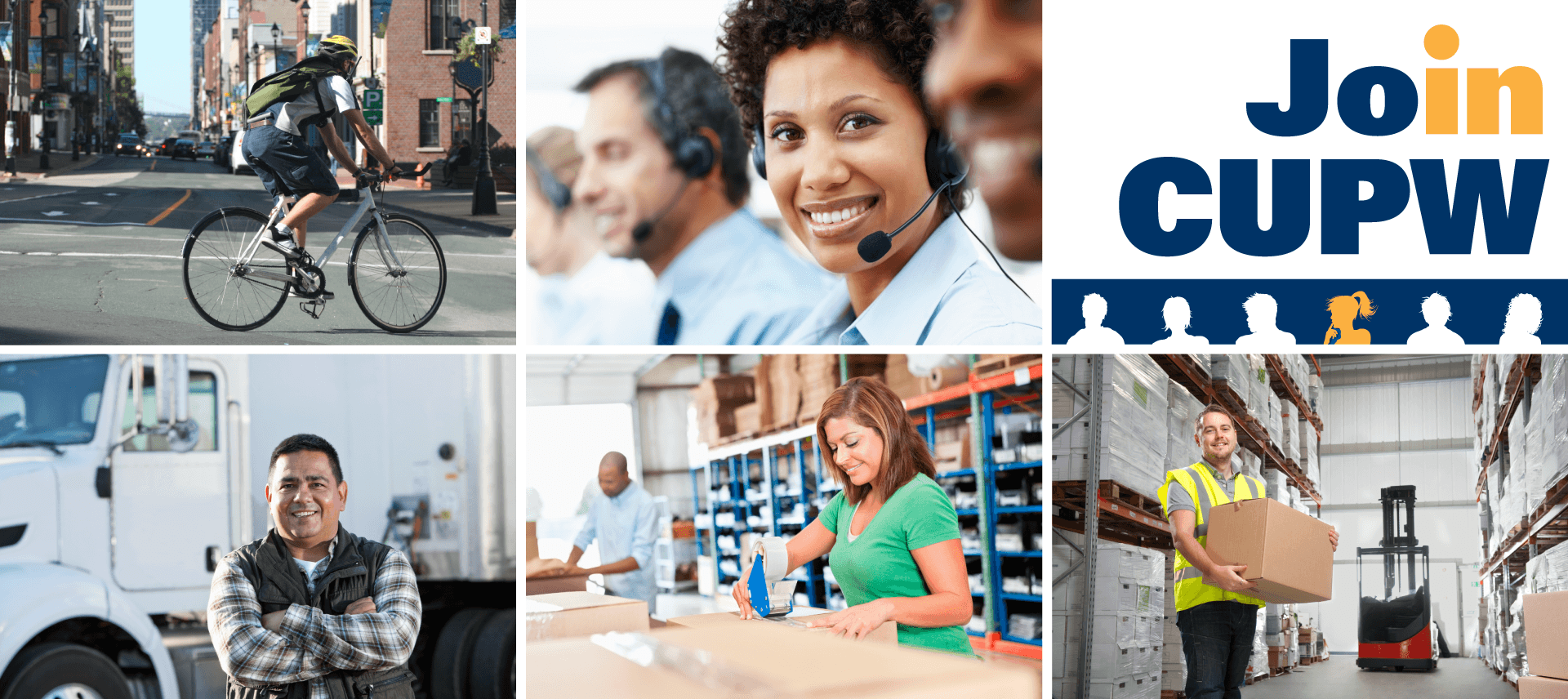 Image group: Bicycle courier, truck driver, call centre worker, warehouse workers