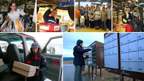 Collage of CUPW members including letter carrier, rural and suburban mail carrier, processing plant worker, technical services and trades, and private sector workers.
